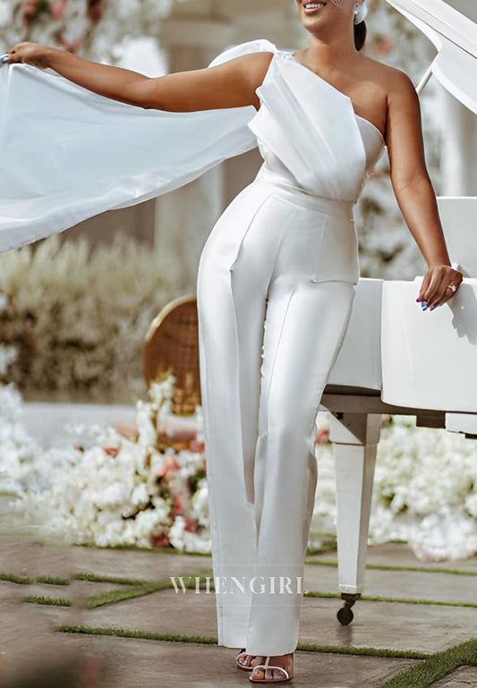 Satin Jumpsuit One Shoulder Pleated Sleeveless Wedding Dress