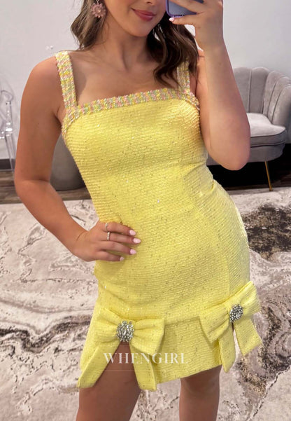 Square Neck Sleeveless Beaded Bowknot Sheath Back Zipper Short Homecoming Dress