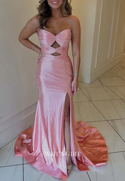Sweetheart Sleeveless Cut Out Formal Dress Side Slit Beaded Sweep Train Sheath Evening Dress