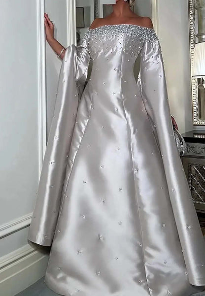 Silver Off Shoulder Beaded Sheath Bell Sleeves Long Formal Evening Dress