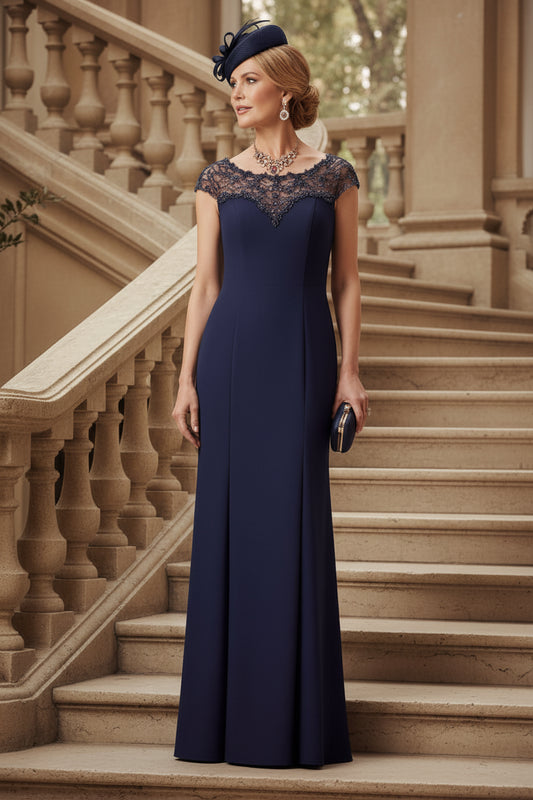 Navy Bateau Neck Cap Sleeves Column Floor Length Mother of the Bride Dress