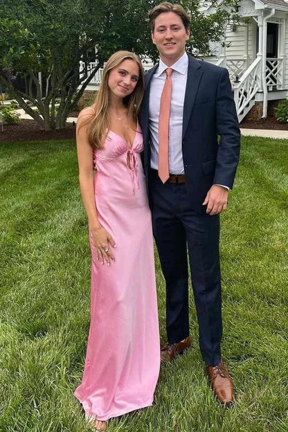 Simple Sheath Spaghetti Straps Pink Long Prom Dress with Keyhole