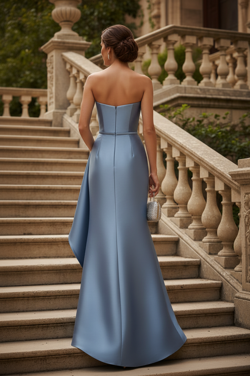 Blue Tube Top Ruffle Sleeveless Satin Formal Dress