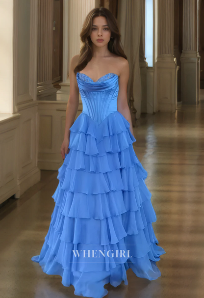 Graceful A-Line Sweetheart High Split Tiered Lace Prom Formal Party Dress with Appliques
