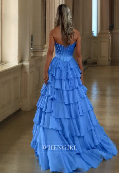 Graceful A-Line Sweetheart High Split Tiered Lace Prom Formal Party Dress with Appliques