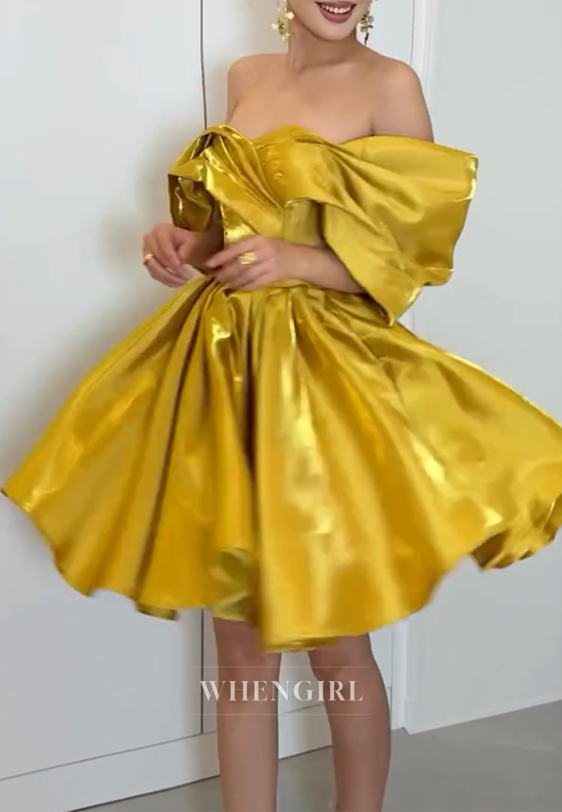 Satin Pleated Off Shoulder A-Line Short Sleeveless Homecoming Dress