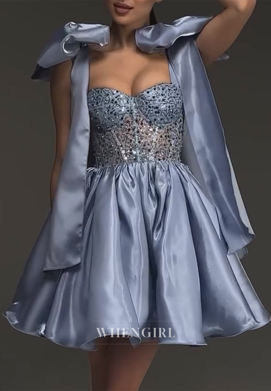Sky Blue Bowknot Straps Beads A-Line Satin Sleeveless Sweetheart Homecoming Dress