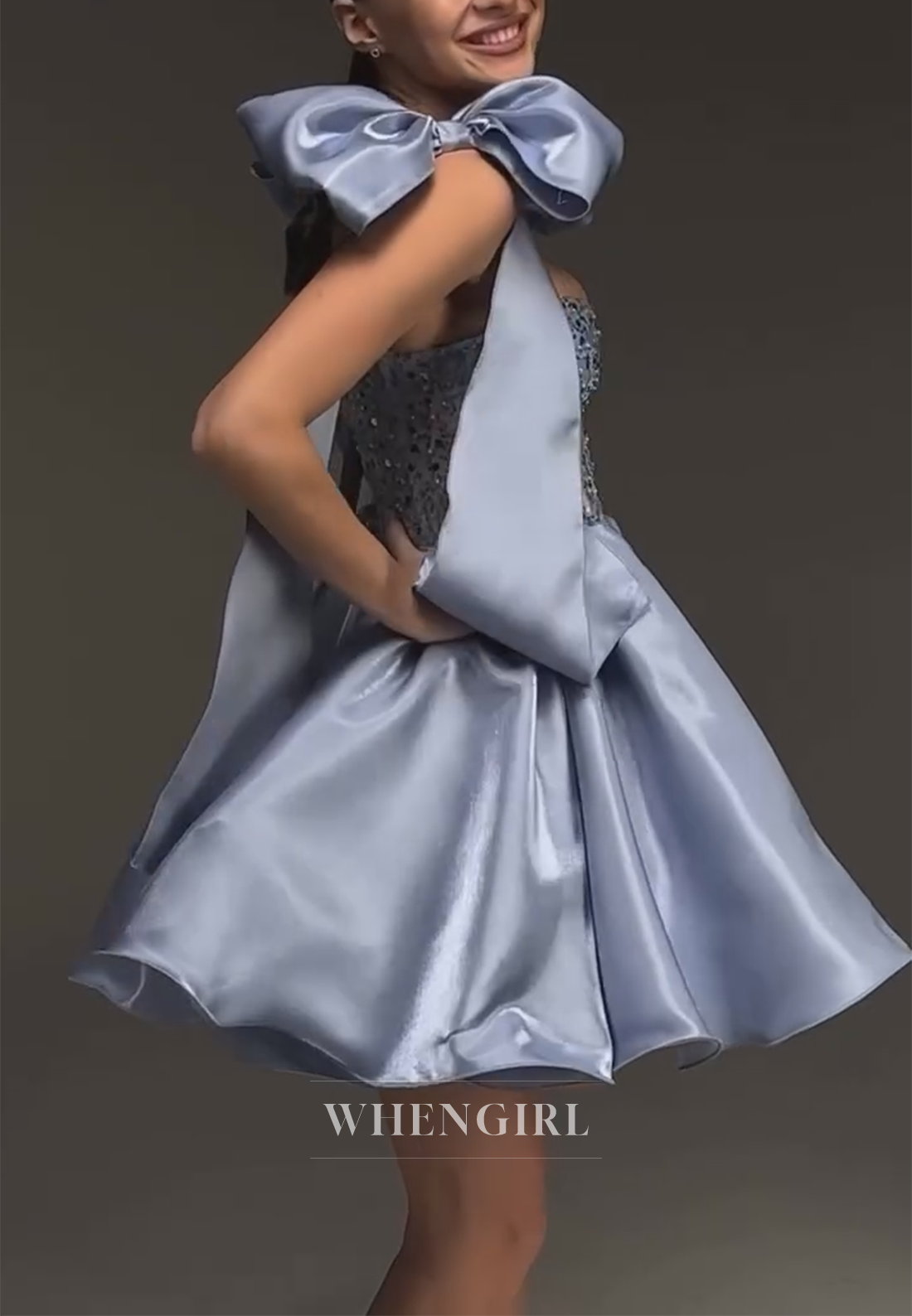 Sky Blue Bowknot Straps Beads A-Line Satin Sleeveless Sweetheart Homecoming Dress