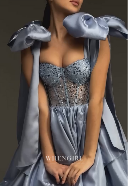 Sky Blue Bowknot Straps Beads A-Line Satin Sleeveless Sweetheart Homecoming Dress