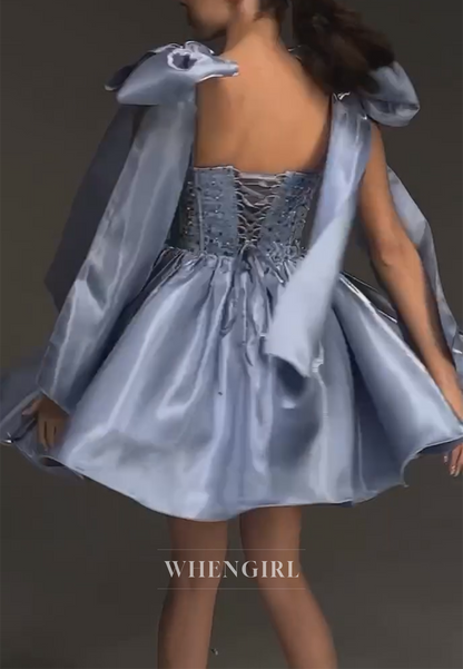 Sky Blue Bowknot Straps Beads A-Line Satin Sleeveless Sweetheart Homecoming Dress