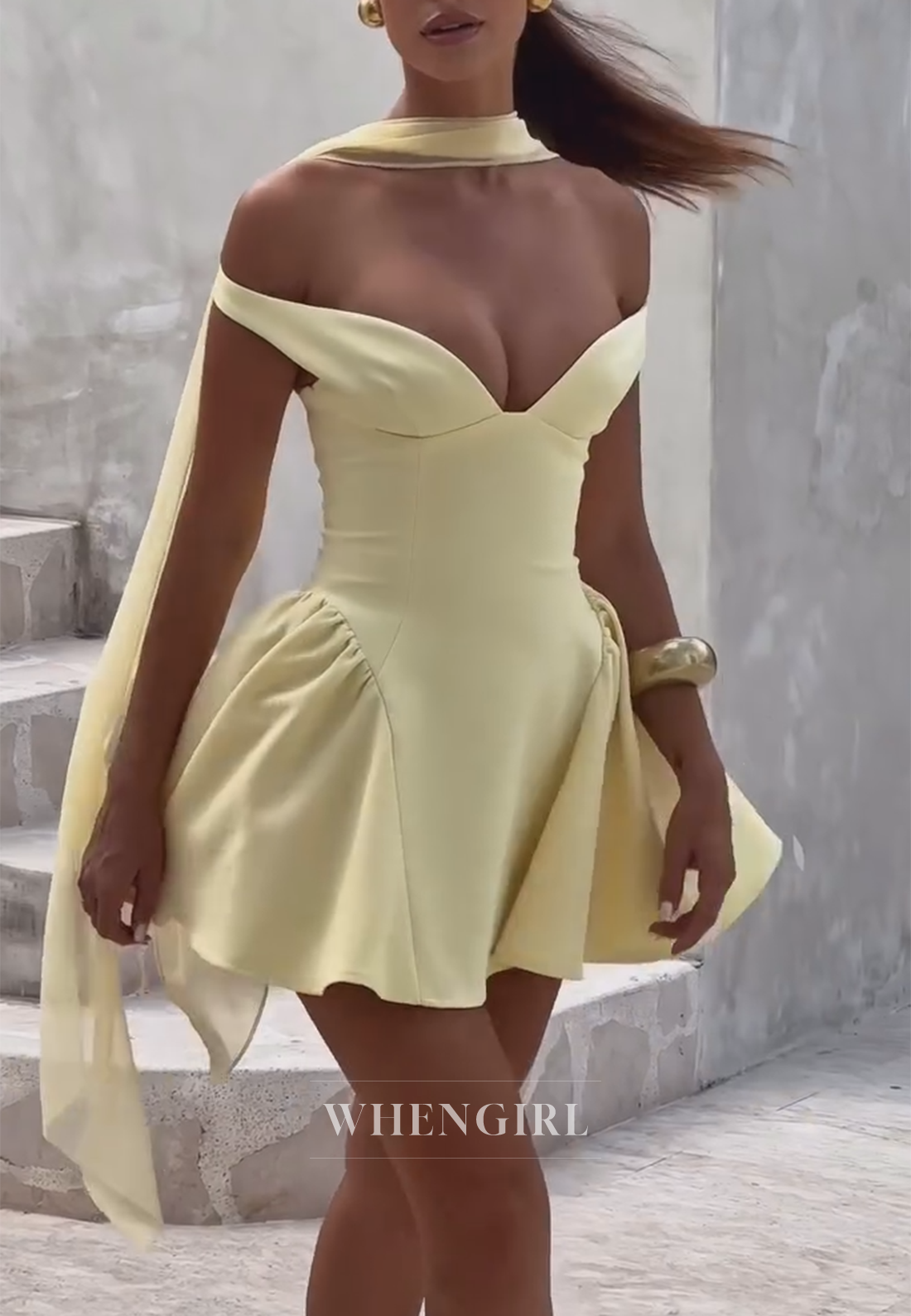 Yellow Sweetheart Off Shoulder Sleeveless A-Line Homecoming Dress  WhenGirl