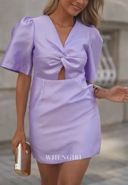 Violet Sheath V Neck Short Sleeves Cut Out Satin Homecoming Dress