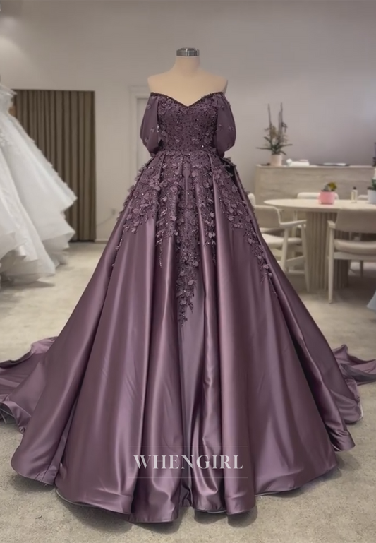 Grape Off Shoulder Floral Evening Dress A-Line Satin Formal Gown with Court Train