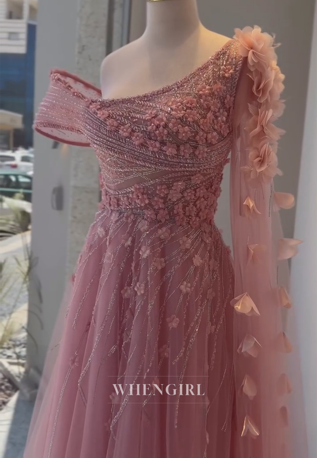 Dusty Pink Long Sleeve Beaded Flowers A-Line Formal Dress Tulle Floor Length Evening Dress