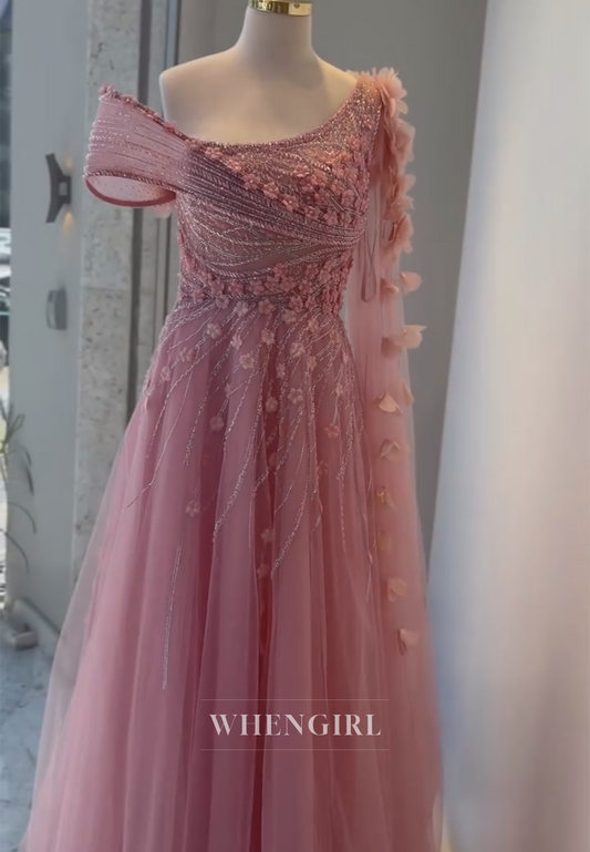 Dusty Pink Long Sleeve Beaded Flowers A-Line Formal Dress Tulle Floor Length Evening Dress