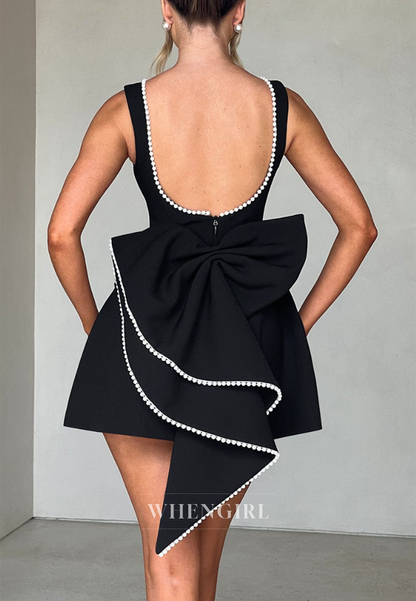 A-Line Sleeveless Bateau Neck Pearls Bowknot Low Back Homecoming Dress