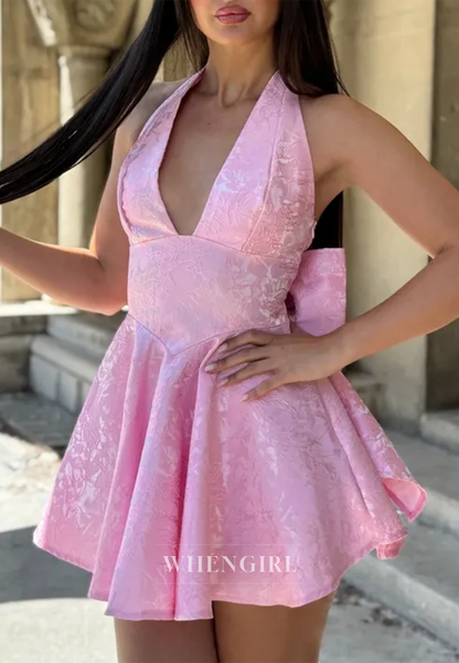 Halter V Neck Sleeveless A-Line Homecoming Dress Bowkot Lace Up Party Dress