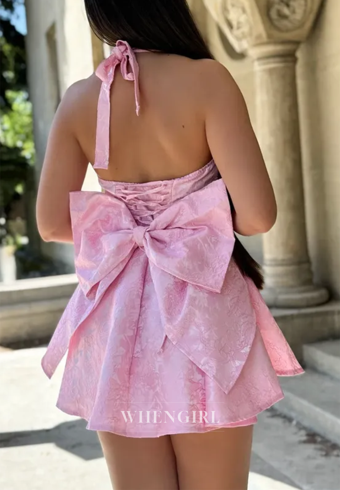 Halter V Neck Sleeveless A-Line Homecoming Dress Bowkot Lace Up Party Dress