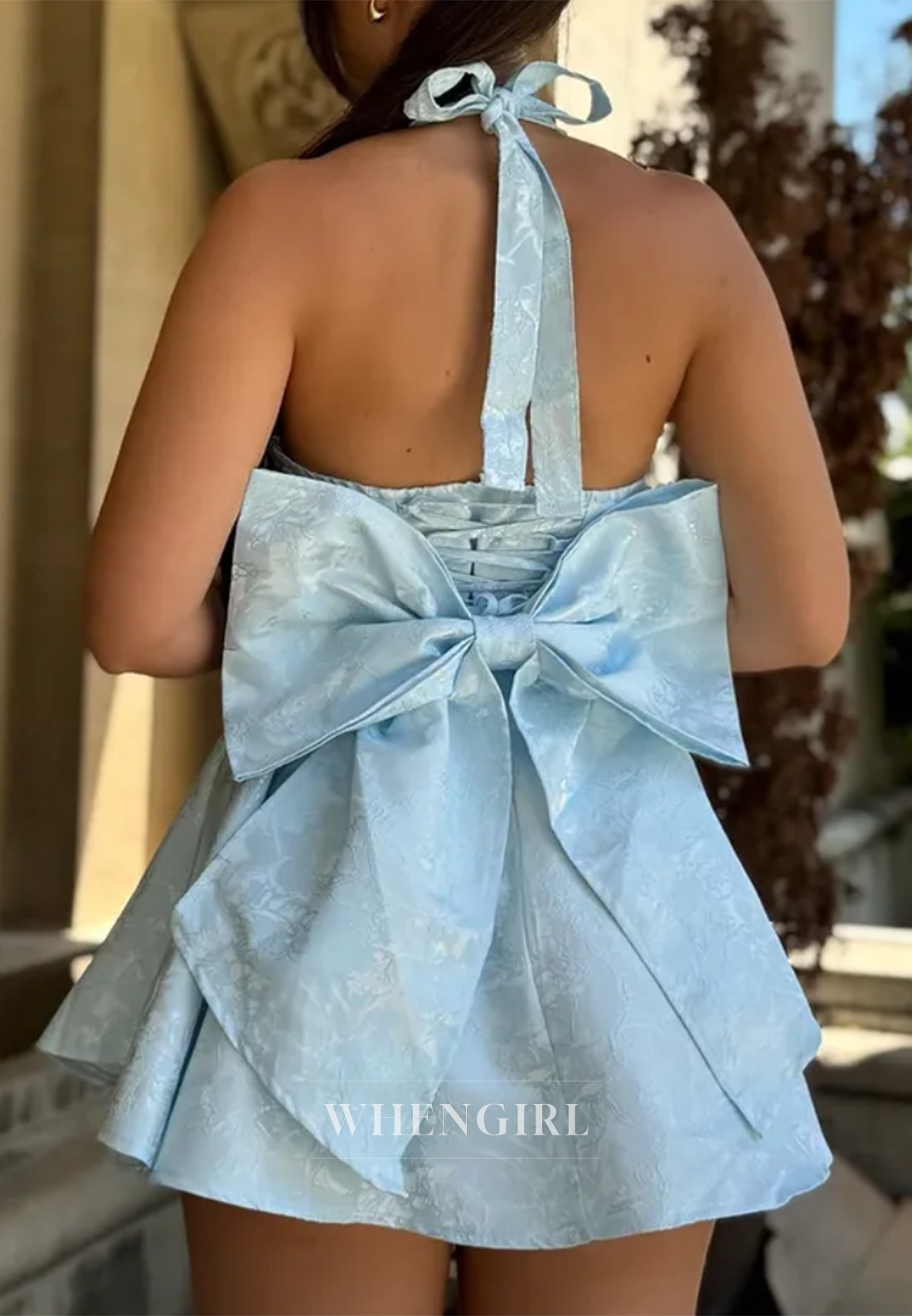 Halter V Neck Sleeveless A-Line Homecoming Dress Bowkot Lace Up Party Dress