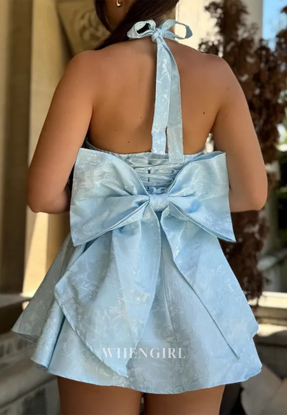 Halter V Neck Sleeveless A-Line Homecoming Dress Bowkot Lace Up Party Dress