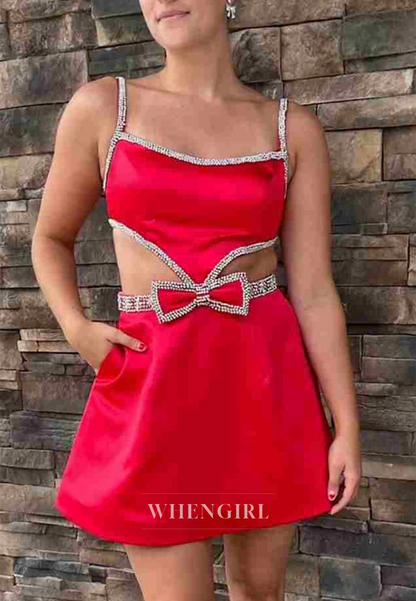 A-Line Cut Out Sleeveless Square Neck Beaded Bowknot Satin Homecoming Dress