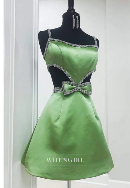 A-Line Cut Out Sleeveless Square Neck Beaded Bowknot Satin Homecoming Dress