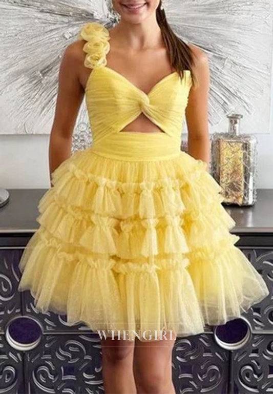 A-Line Tulle Multi Tiered V Neck Cut Out One Shoulder 3D Flowers Lace Up Sleeveless Homecoming Dress
