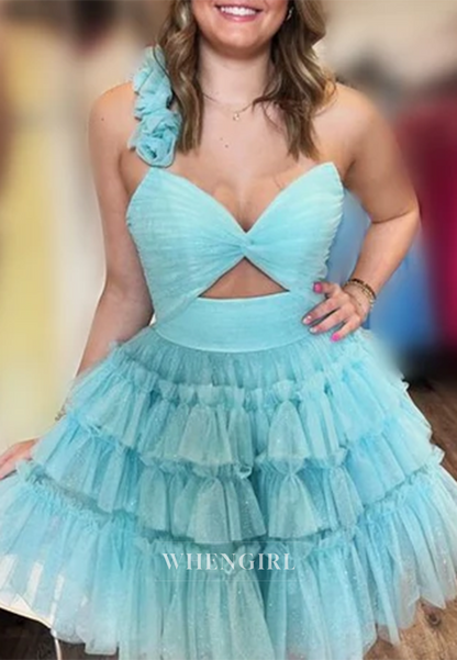 A-Line Tulle Multi Tiered V Neck Cut Out One Shoulder 3D Flowers Lace Up Sleeveless Homecoming Dress