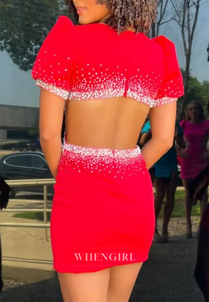Sheath Bateau Neck Short Puff Sleeves Cut Out Side Slit Back Zipper Homecoming Dress