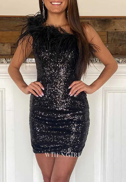 Sheath Sleeveless Feather One Shoulder Sequins Back Zipper Homecoming Dress