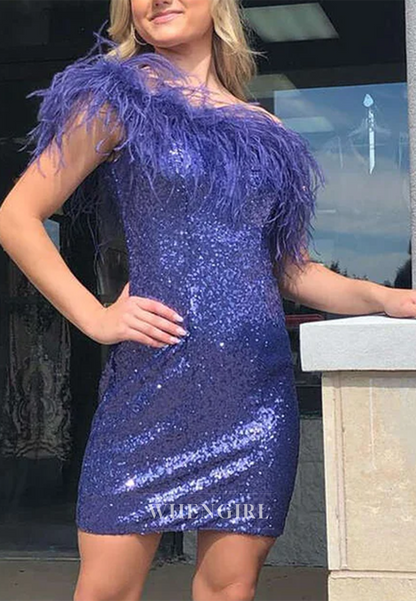 Sheath Sleeveless Feather One Shoulder Sequins Back Zipper Homecoming Dress