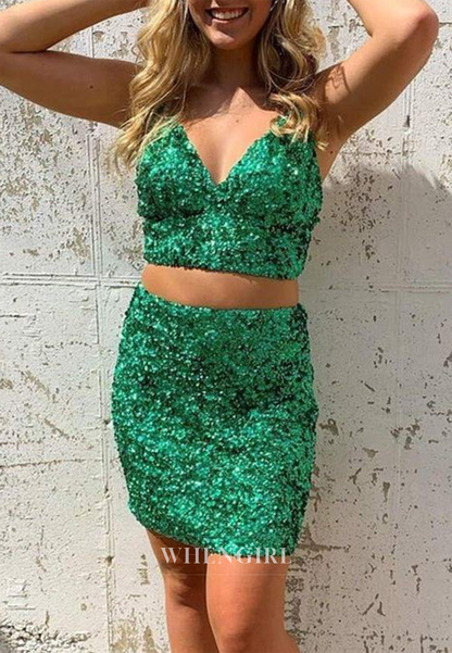 Sheath Sleeveless V Neck Sequins Lace Up Spaghetti Straps Homecoming Dress