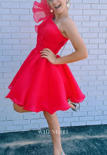 A-Line Pleated One Shoulder Ruffles Short Homecoming Dress