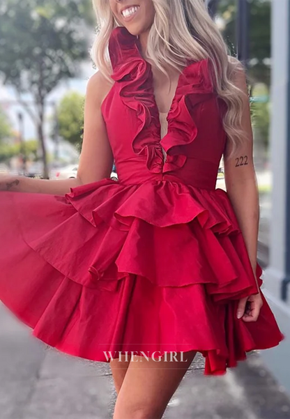 A-Line V Neck Sleeveless Multi Tiered Ruffles Short Homecoming Dress