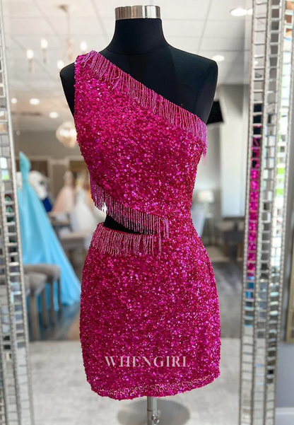 Sheath One Shoulder Cut Out Sequins Tassel Cross Back Short Homecoming Dress
