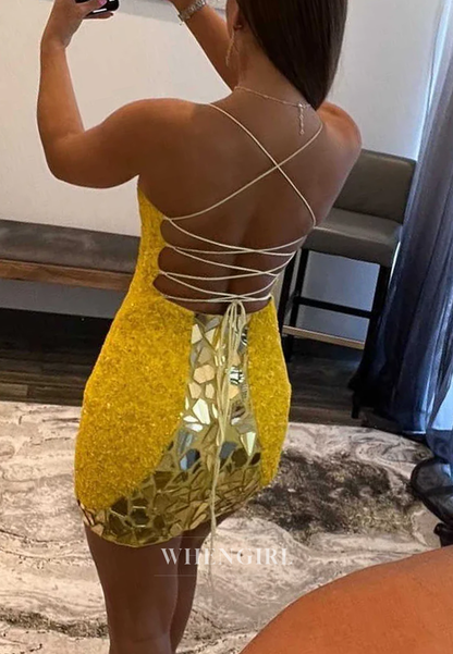 Marigold Sheath Spaghetti Straps Cut Glass Mirro Sleeveless Homecoming Dress