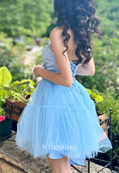 Blue V Neck Sleeveless Strapless Lace Up A-Line Short Homecoming Dress