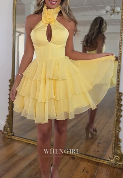 Petite Halter Cut Out Sleevless Multi Tiered Ruffles A-Line Homecoming Dress