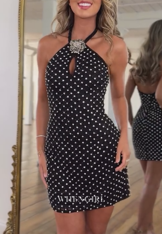 Black Cross Neck Beaded Sleeveless Sheath Back Zipper Short Homecoming Dress