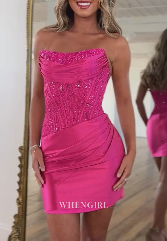 Fuchsia Sheath Sleeveless Rhinetone Beaded Pleated Short Homecoming Dress
