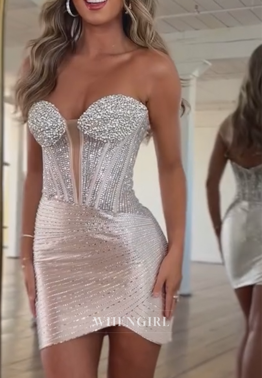V Neck Beaded Sleeveless Sheath Strapless Short Homecoming Dress