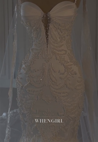 Sweetheart Pearls Beading Sleeveless Mermaid Wedding Dress with Sweep Train