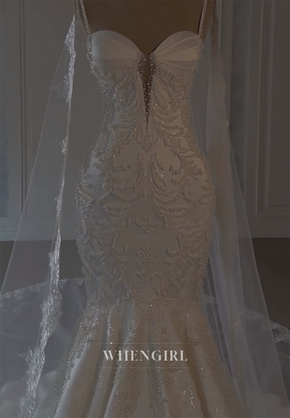 Sweetheart Pearls Beading Sleeveless Mermaid Wedding Dress with Sweep Train
