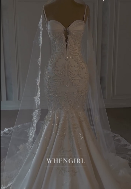 Sweetheart Pearls Beading Sleeveless Mermaid Wedding Dress with Sweep Train