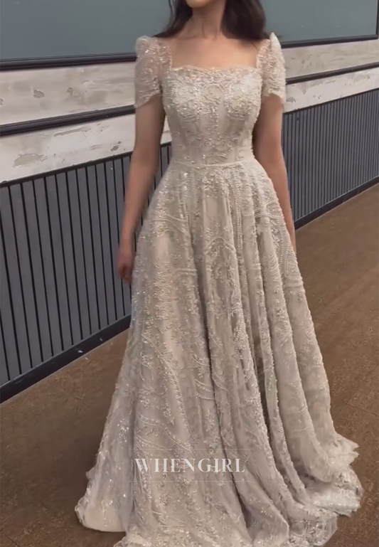 Gorgeous A-Line Sand Square Neck Short Sleeves Beaded Formal Evening Dress
