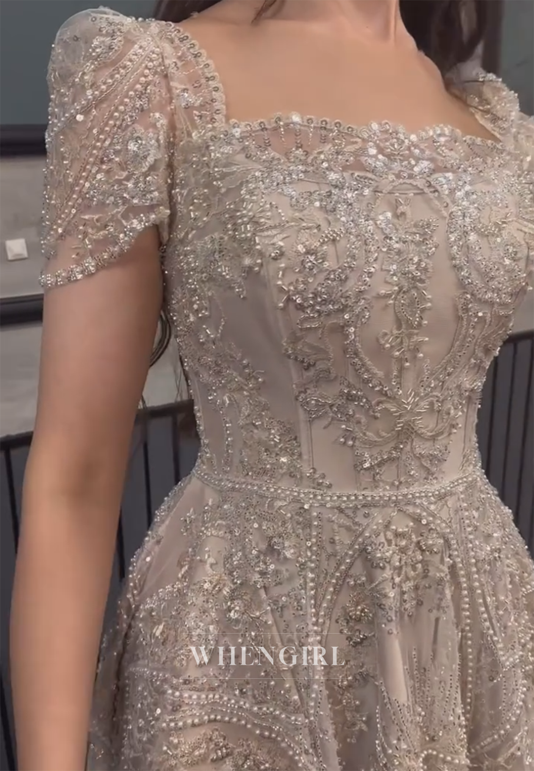 Gorgeous A-Line Sand Square Neck Short Sleeves Beaded Formal Evening Dress