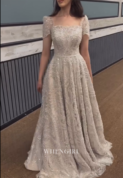 Gorgeous A-Line Sand Square Neck Short Sleeves Beaded Formal Evening Dress