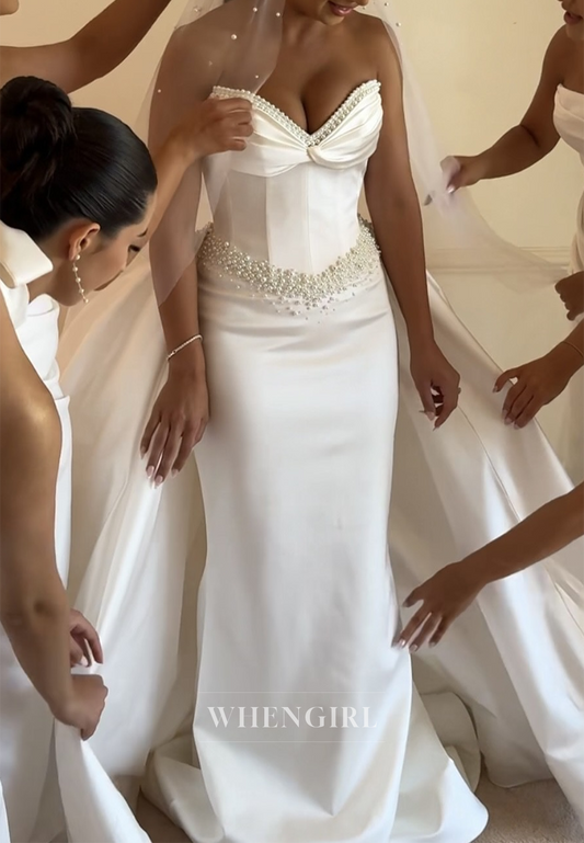 Sheath Pearls Beaded Sweetheart Sleeveless Removable Chapel Trian Wedding Dress