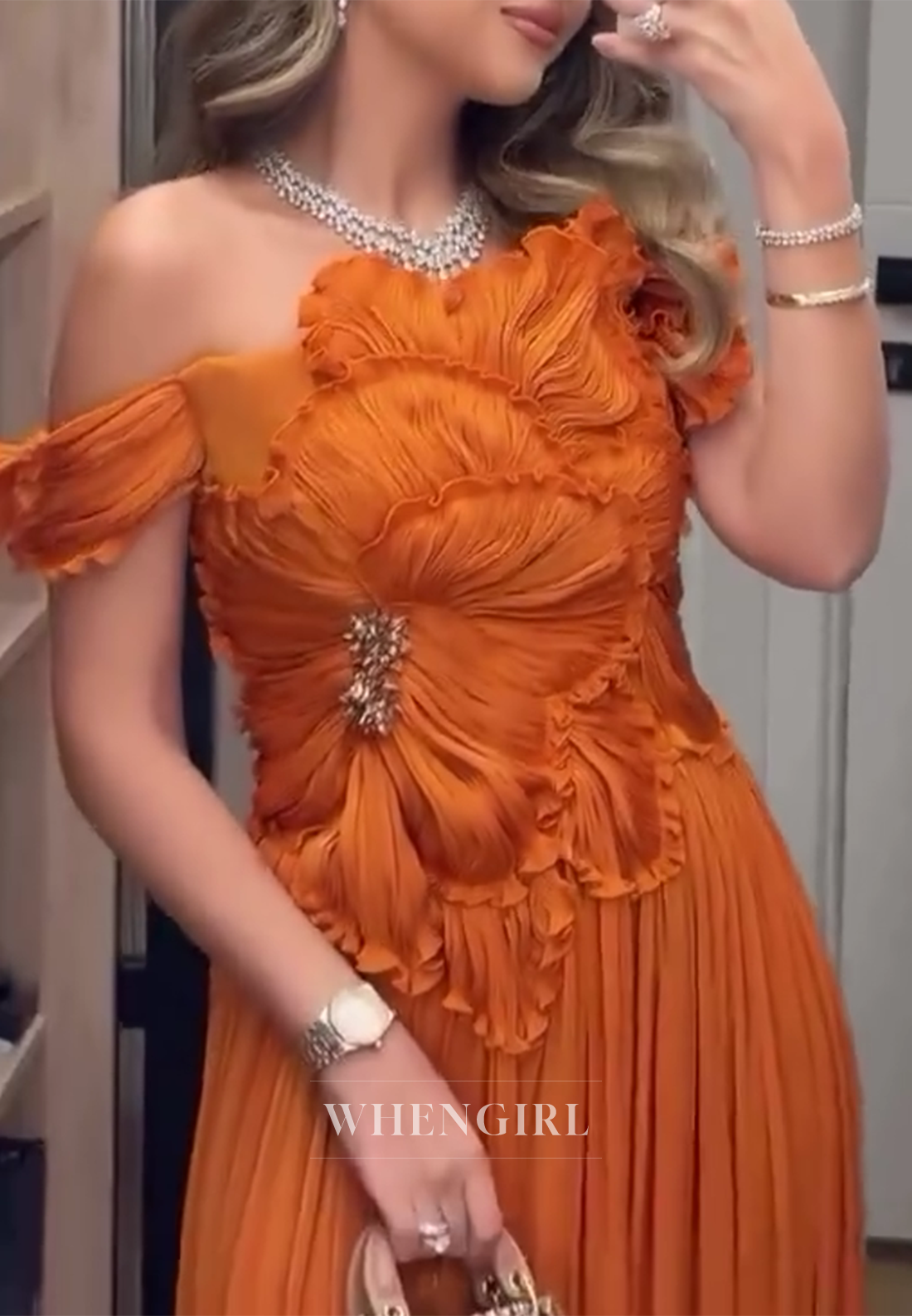 Orange Pleated Floral Side Slit Off Shoulder Column Evening Formal Dress