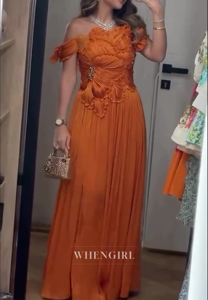 Orange Pleated Floral Side Slit Off Shoulder Column Evening Formal Dress